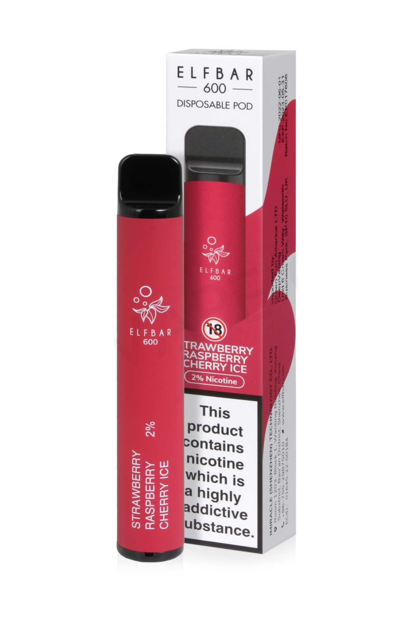 STRAWBERRY RASPBERRY CHERRY ICE ELF BAR 600 DISPOSABLE VAPE